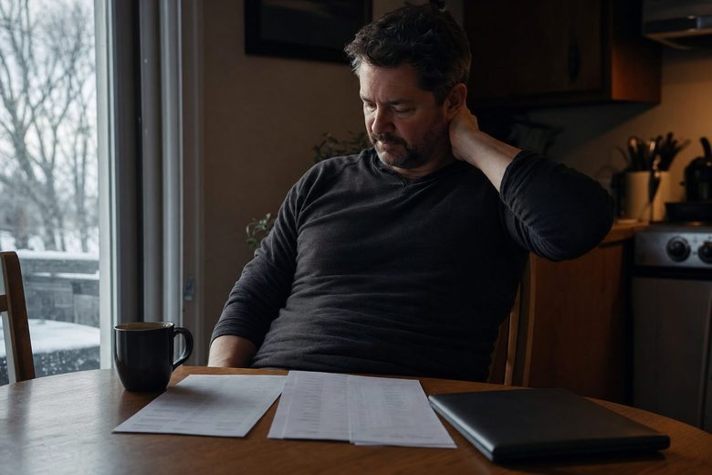 Entrepreneur devant ses relevés d'entreprise, tôt le matin