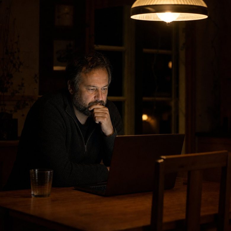 Homme qui écoute la vidéo à la table de cuisine, le soir